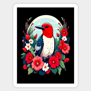 Cute Red Headed Woodpecker Surrounded by Vibrant Flowers Magnet